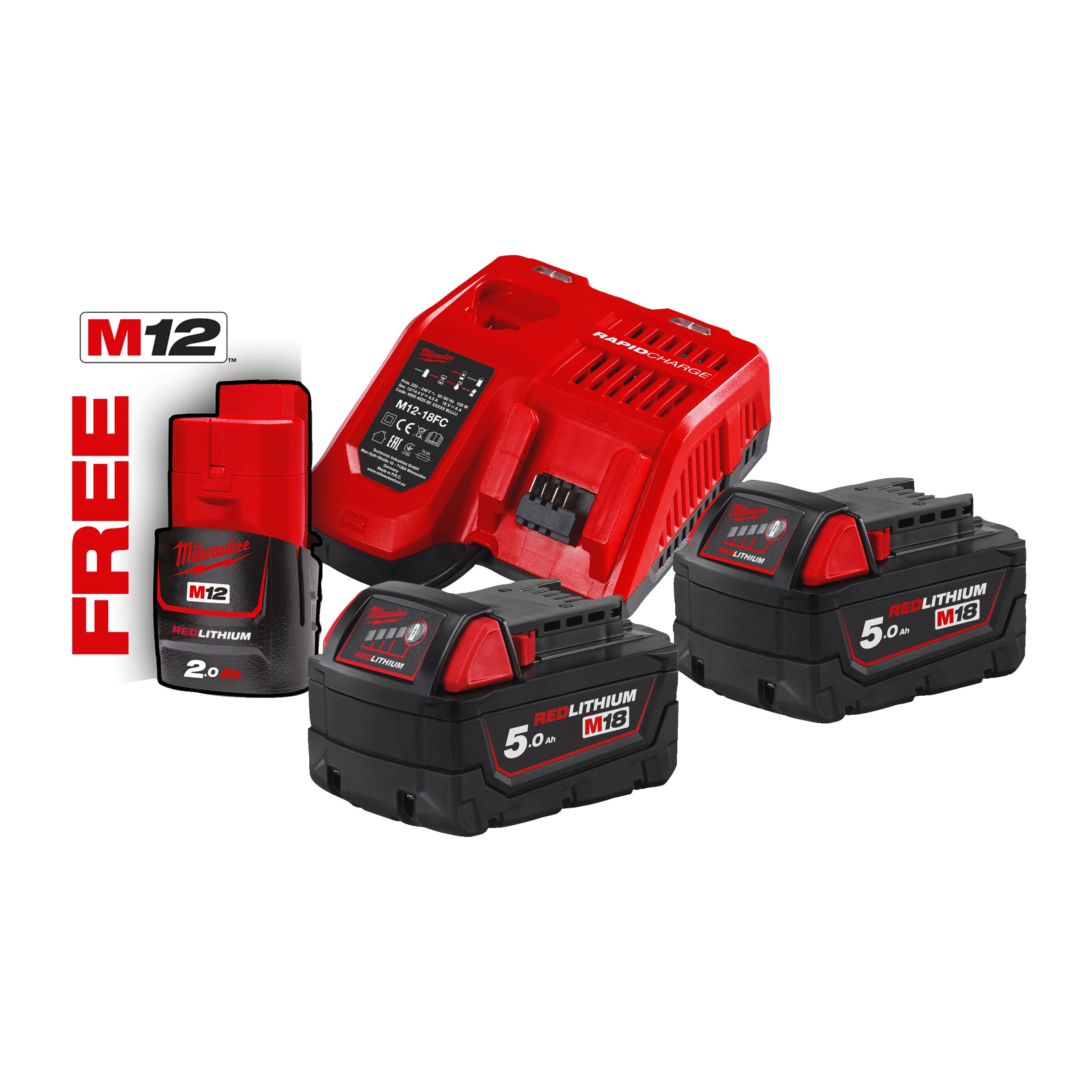 2 batteries Milwaukee M18 18V - 5 Ah Red Lithium + chargeur rapide + 1  batterie M12 12V 2,0 Ah offerte